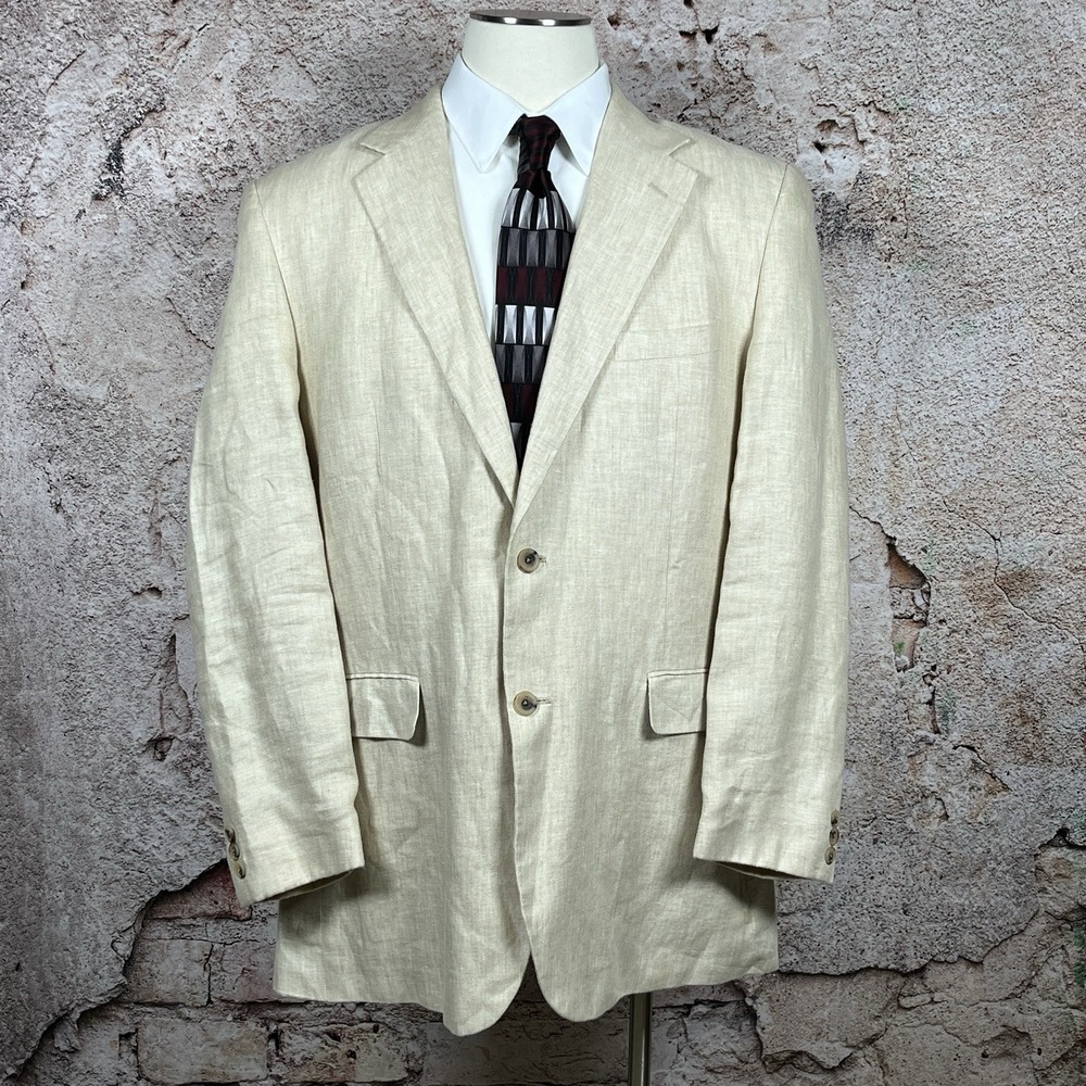 Alan Flusser Mens 44L Cream White 100% Linen Two Button Blazer Sport Coat Jacket